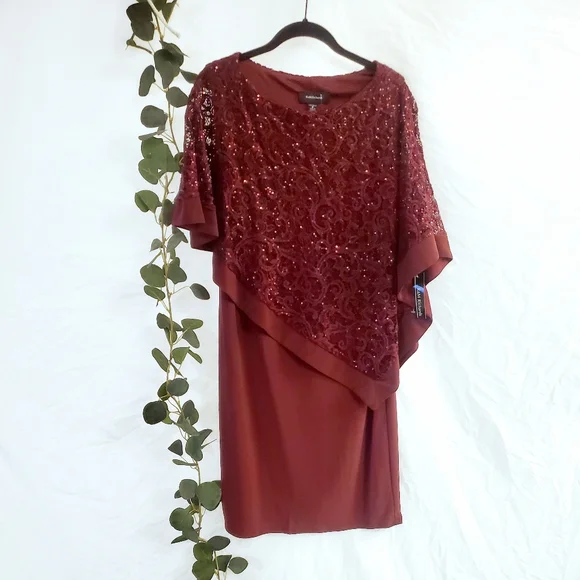R&M RICHARDS Sequined Metallic Lace Capelet Dress in Merlot Asymmetric Poncho 8 - Picture 3 of 12